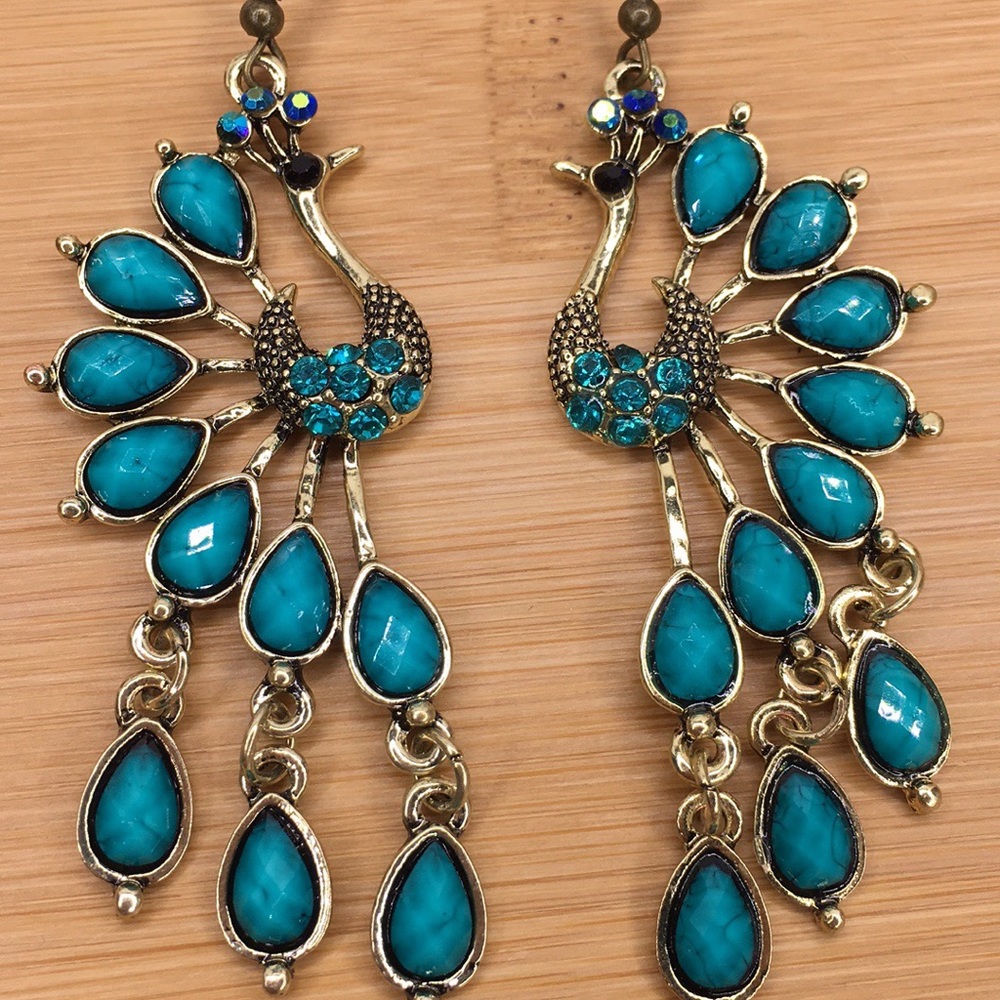 Teal Peacock Earrings - Picture 3 of 8